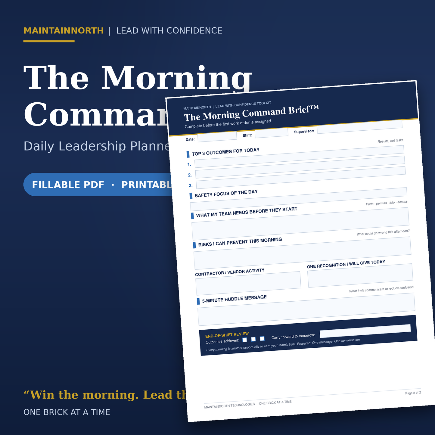 Morning Command Brief™ | Daily Planner for Maintenance Supervisors | Fillable PDF