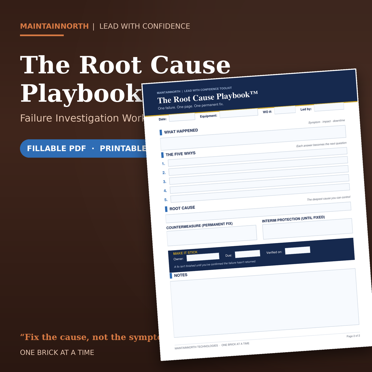 Root Cause Playbook™ | Failure Investigation Worksheet | Fillable PDF