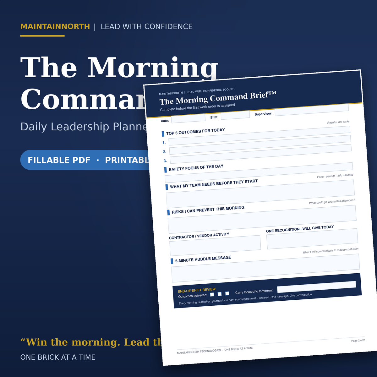 Morning Command Brief™ | Daily Planner for Maintenance Supervisors | Fillable PDF