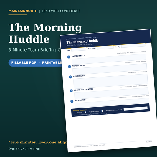 Morning Huddle Leader Card | 5-Minute Team Meeting & Toolbox Talk Template | Fillable PDF